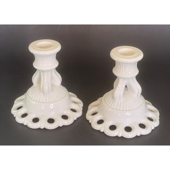 Candlestick Holder Set Vintage Westmoreland Milk Glass Doric Open Lace 4.25" - Picture 2 of 8